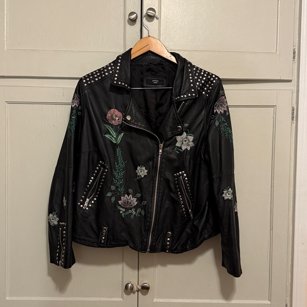 Embroidered Black Leather Jacket